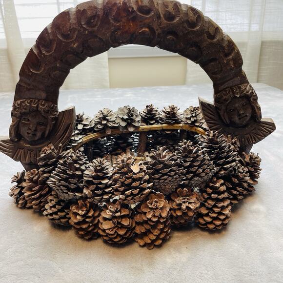 Vintage Handmade Wooden Angel Basket Brown Hand Carved Twig Pinecone Handled